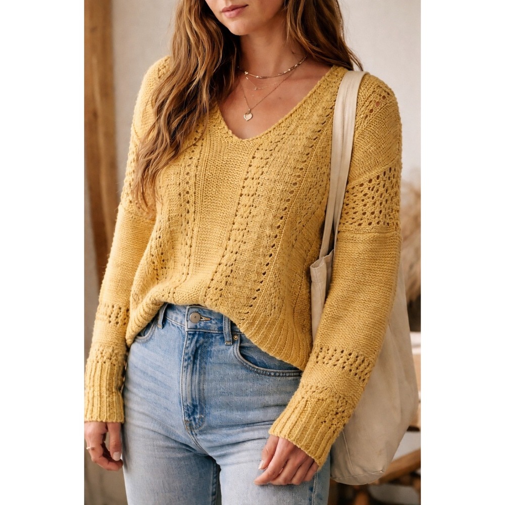 Abercrombie & Fitch Yellow Open Knit V Neck Sweater Crochet Lace Cottagecore  S